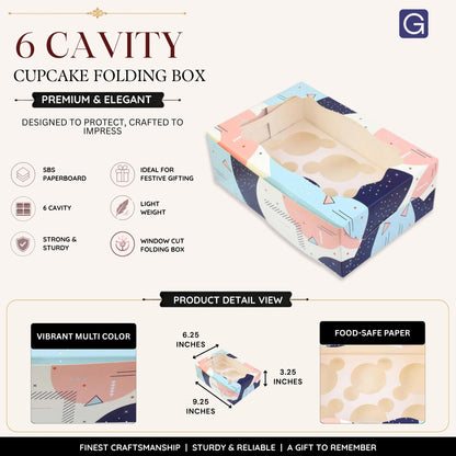 Multi Color 6 Cavity Cupcake Folding Box | Bakery Packaging