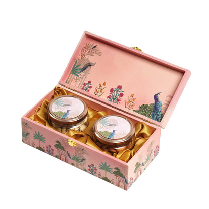 Luxury Shubh Diwali Pink Peacock Wooden Gift Box – 2 Jar Dry Fruit & Sweet Hamper | Grownex Packaging | wooden box