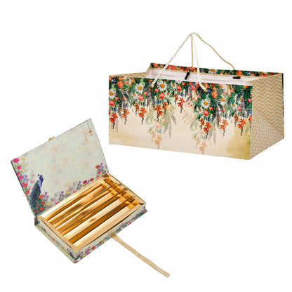 Peacock Floral Garden Print Paper Bag with Matching Book-Style Box Combo – Festive Gift Packaging Set