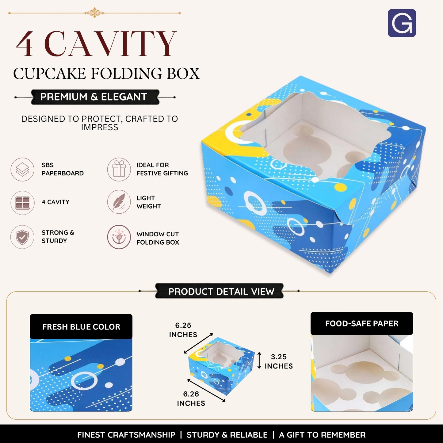 Blue 4 Cavity Cupcake Folding Box | Bakery Packaging