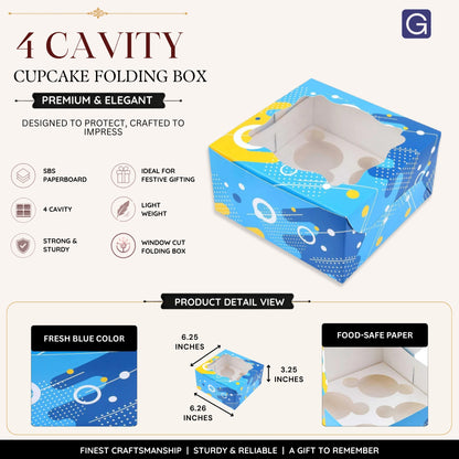 Blue 4 Cavity Cupcake Folding Box | Bakery Packaging