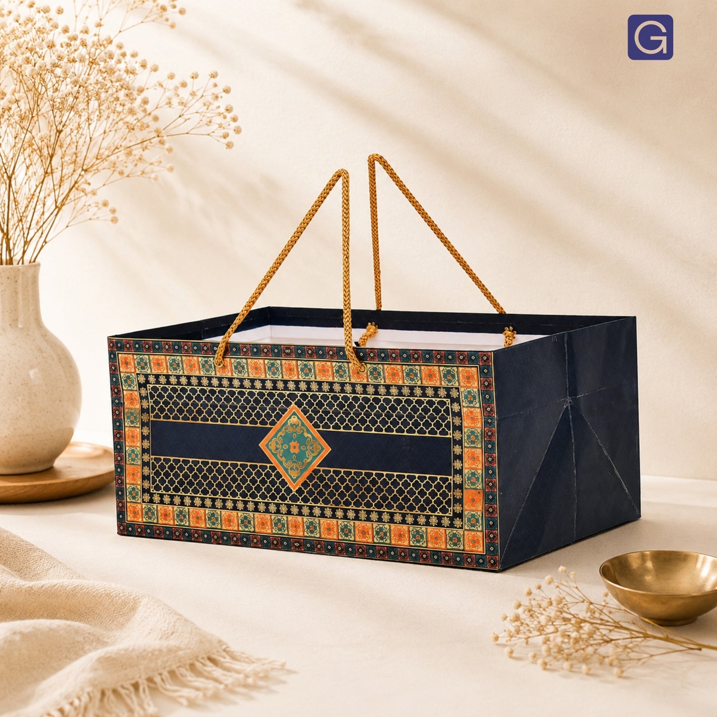 Blue Foil Print Paper Bag 13x8.5x6 Inch | Elegant Festival & Wedding Hamper Bag