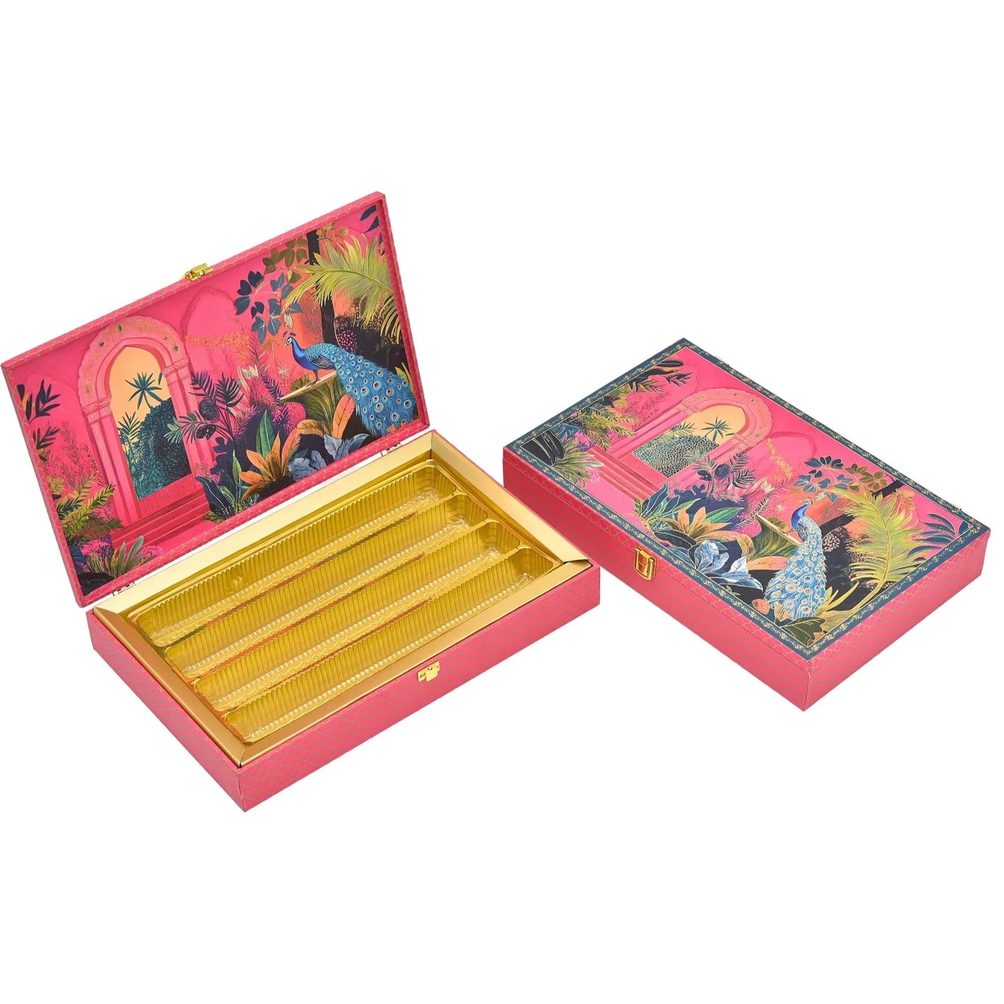 Royal Peacock Mughal Garden Luxury Mithai Gift Box with 4 Line Trays – Pink | Grownex Packaging | Hamper Box