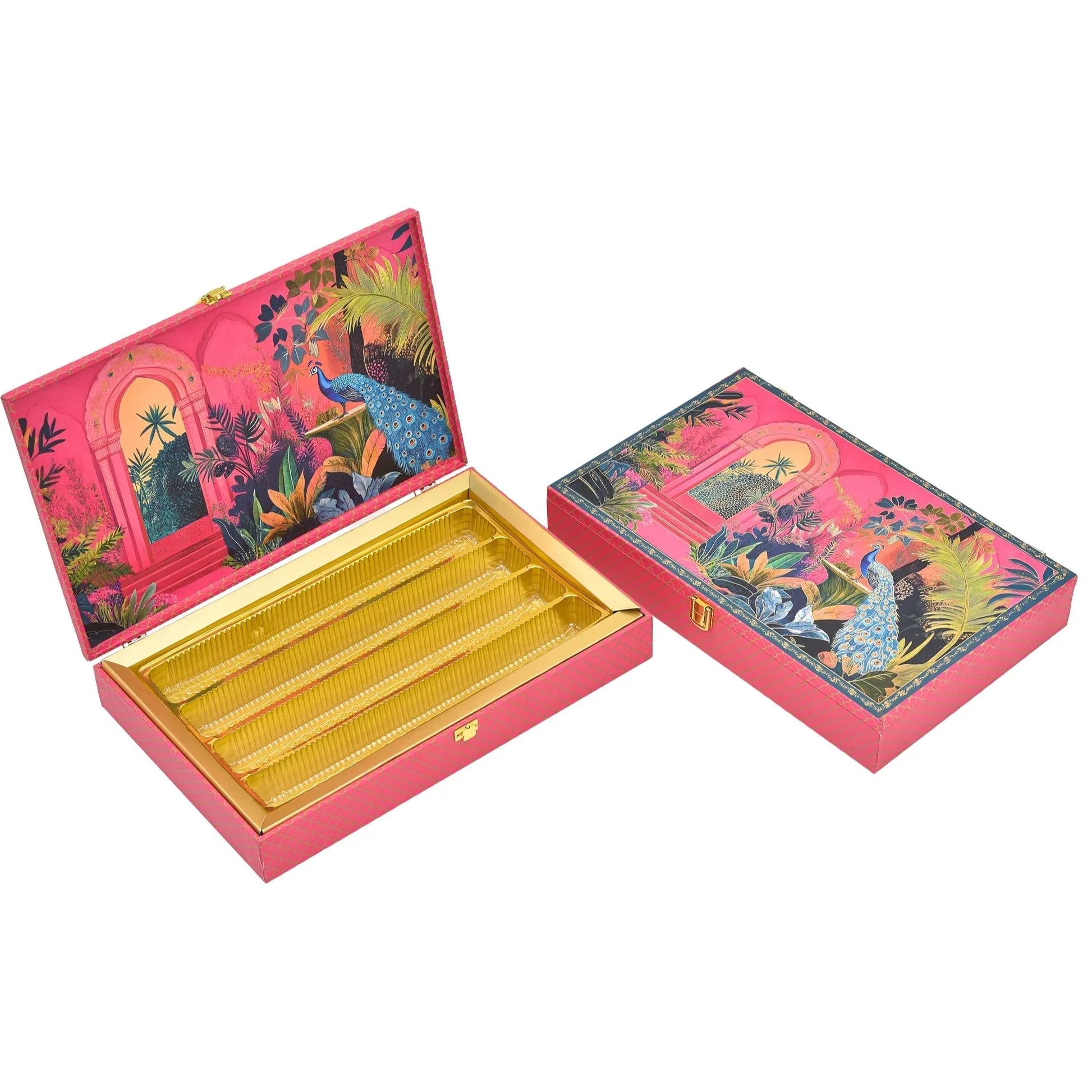 Royal Peacock Mughal Garden Luxury Mithai Gift Box with 4 Line Trays – Pink | Grownex Packaging | Hamper Box