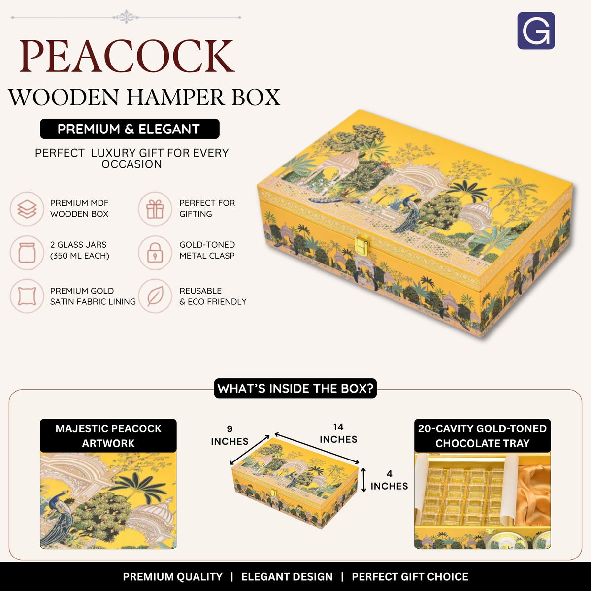 Vibrant Mustard Peacock Garden Luxury Gift Box – Premium Handcrafted Wooden Hamper with 20 Cavity Tray & 2 Glass Jars