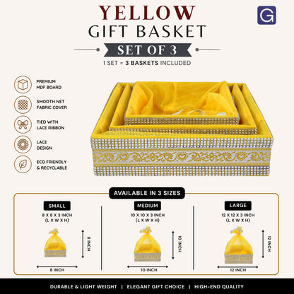 Yellow Gift Hamper Basket Set of 3 | Decorative MDF Basket for Festive & Wedding Gifting