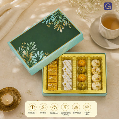 Green Leaf 4 Line Sweet Box | 500gm Premium Mithai Festival Gift Packaging Box