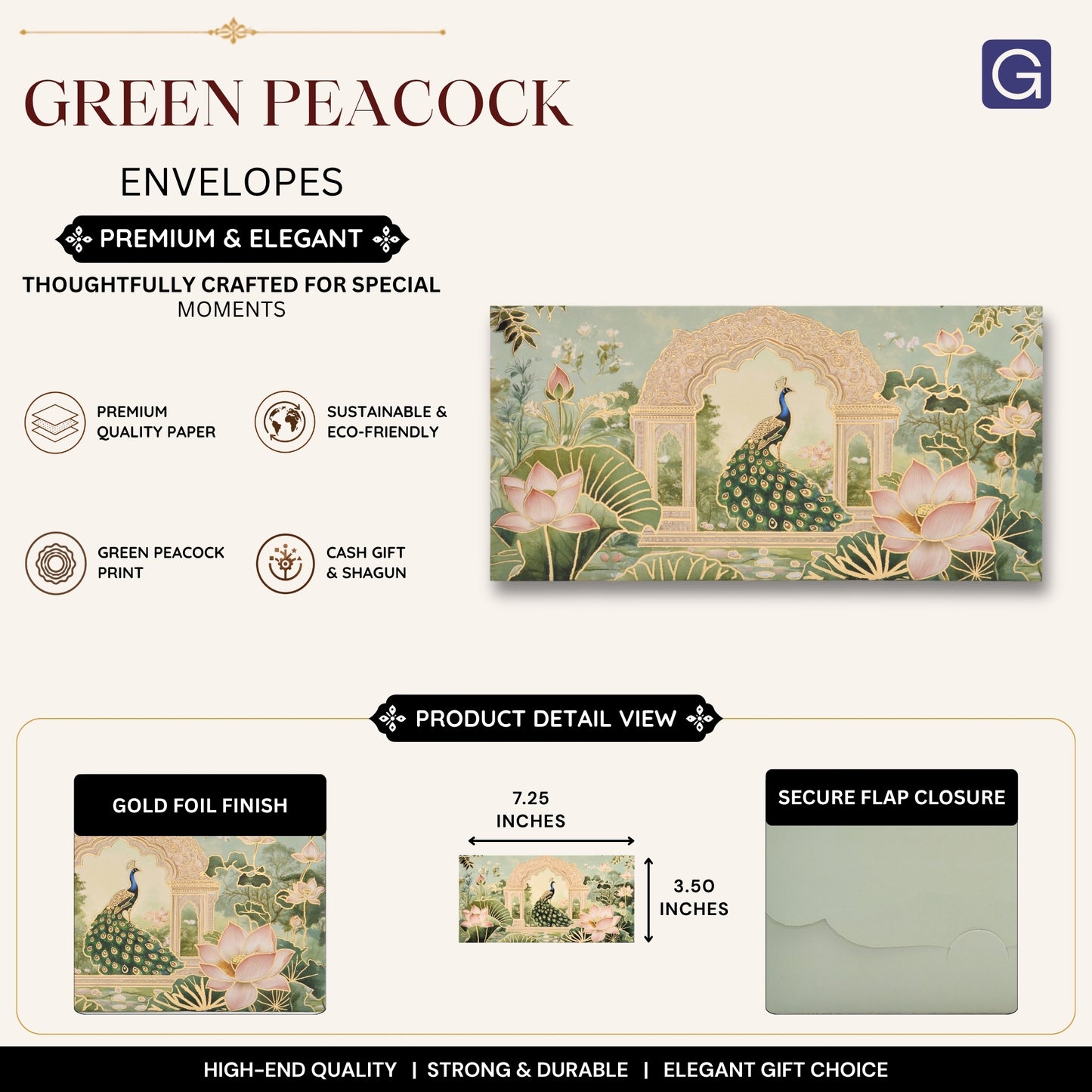 Green Peacock Print Envelope