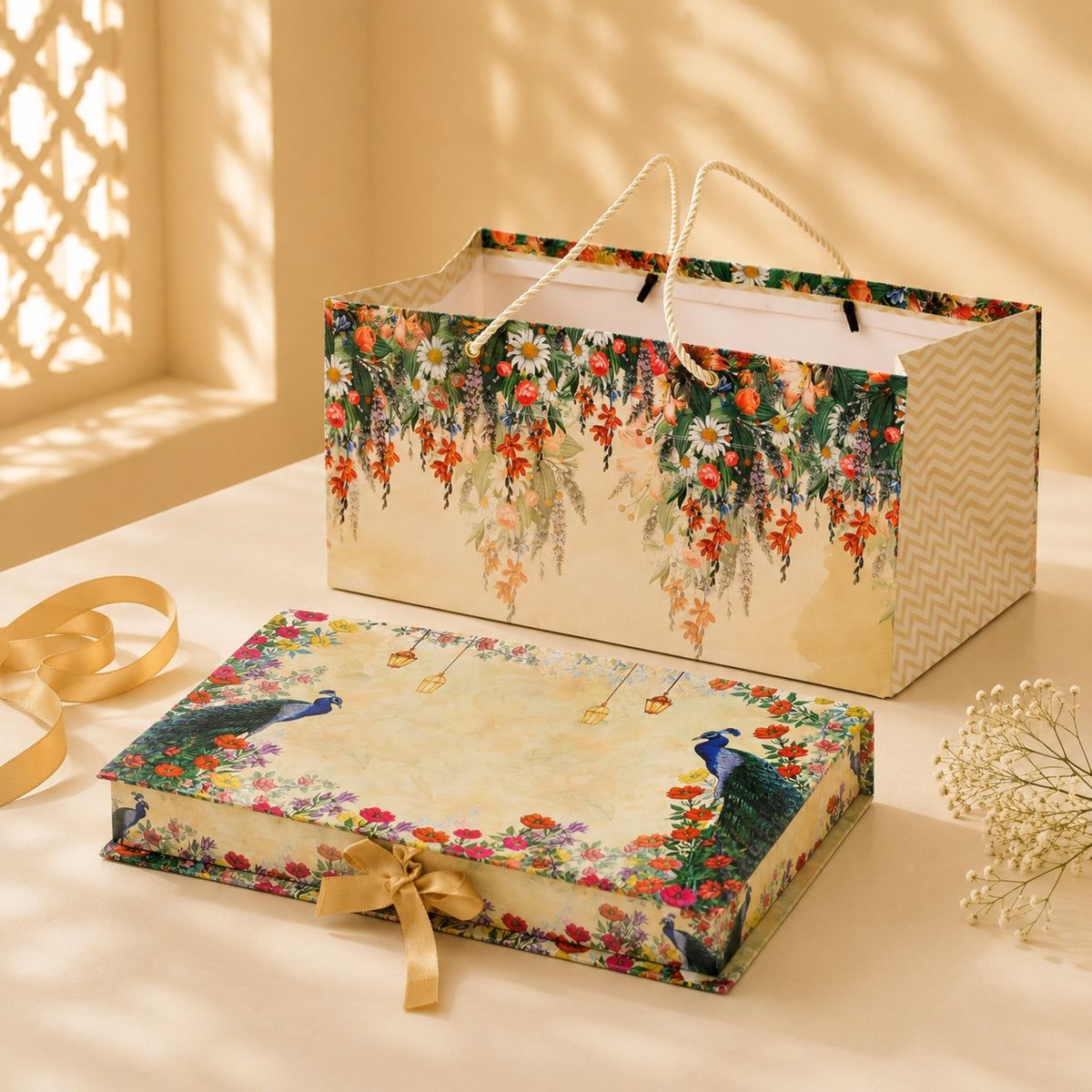 Peacock Floral Garden Print Paper Bag with Matching Book-Style Box Combo – Festive Gift Packaging Set