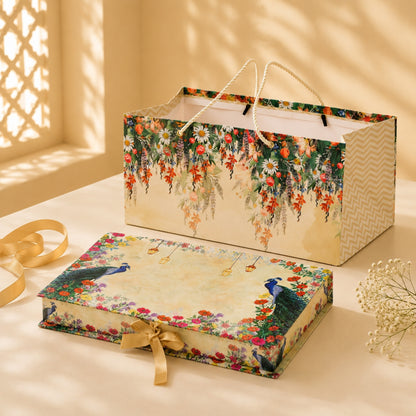 Peacock Floral Garden Print Paper Bag with Matching Book-Style Box Combo – Festive Gift Packaging Set