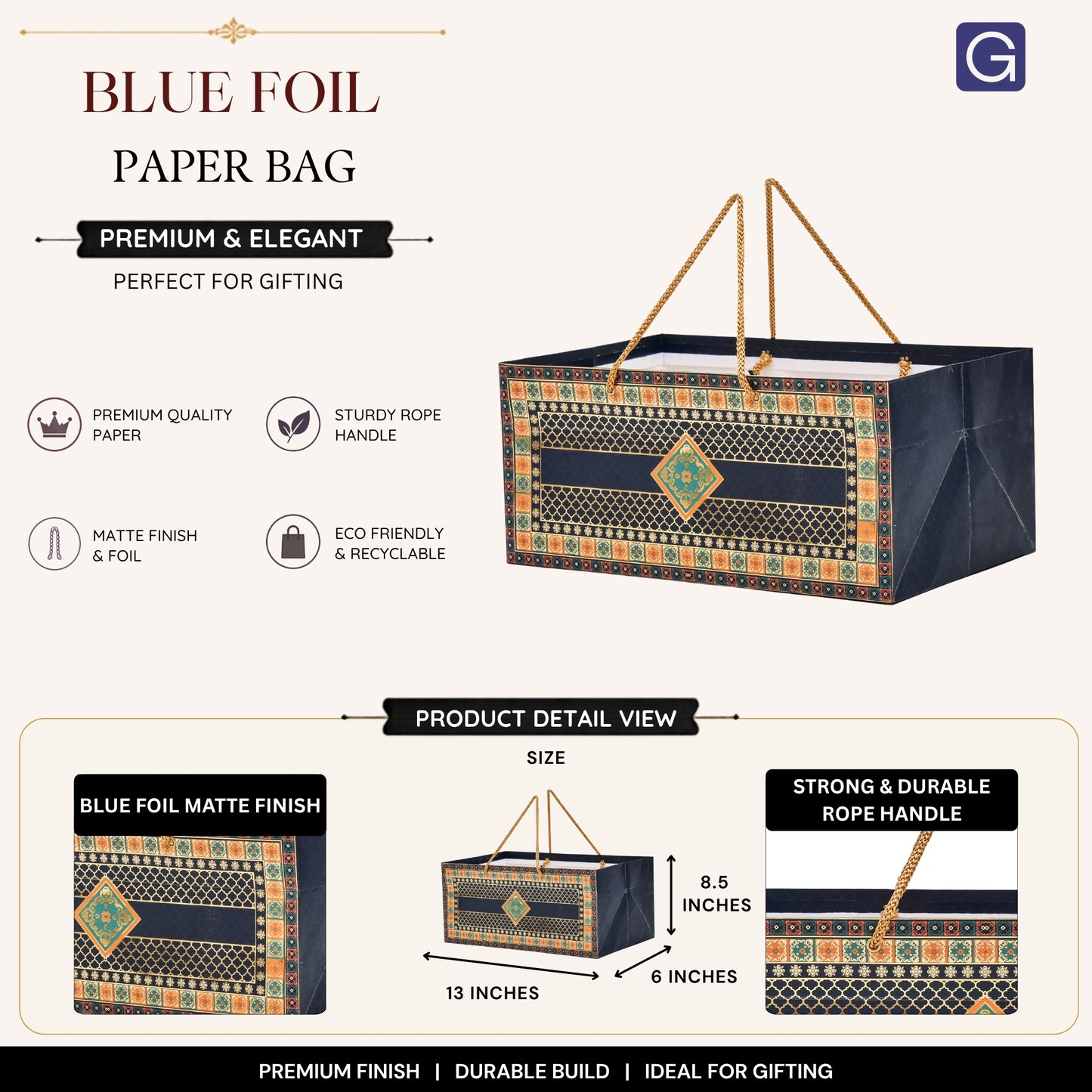 Blue Foil Print Paper Bag 13x8.5x6 Inch | Elegant Festival & Wedding Hamper Bag