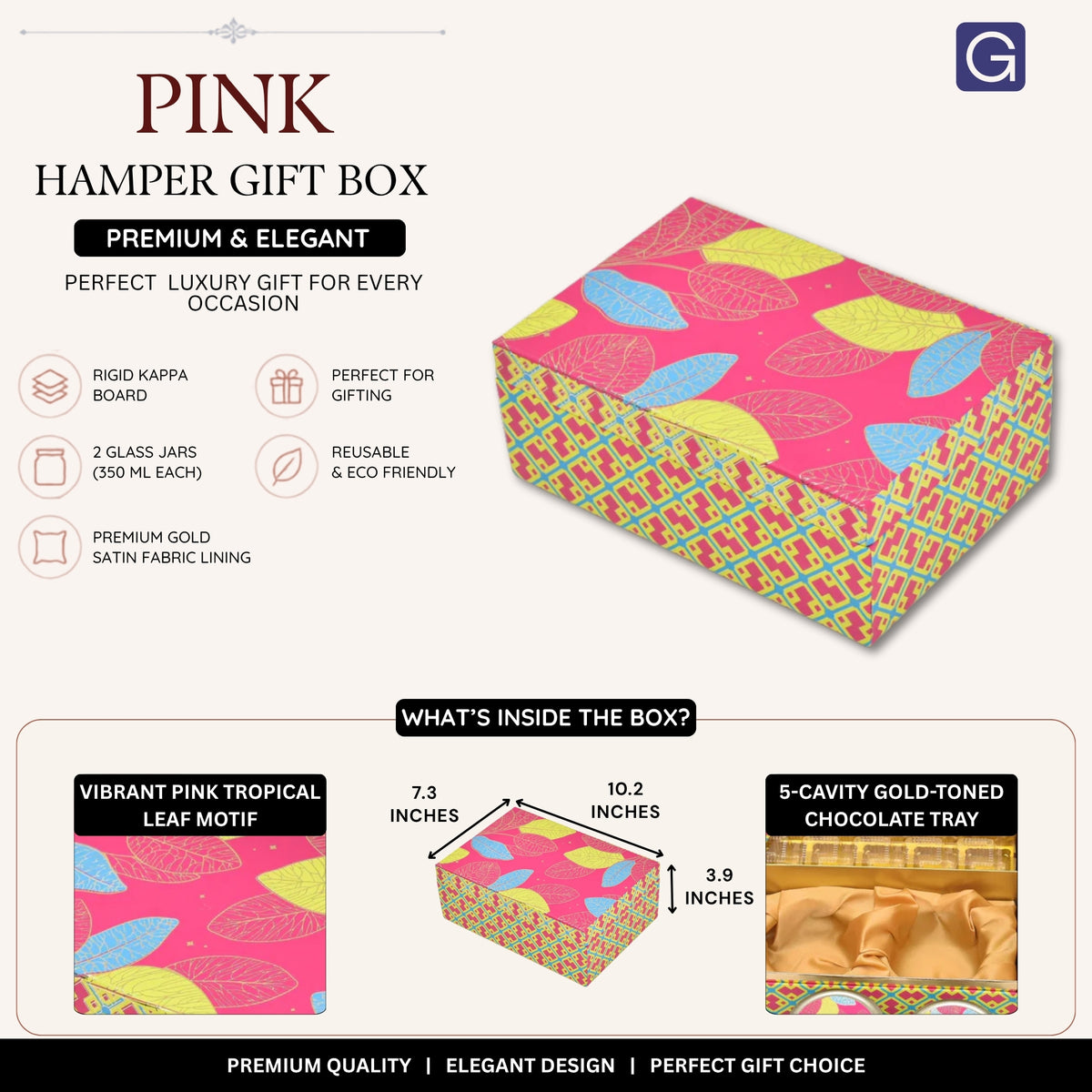 Pink Tropical Leaf Luxury Gift Box – 5-Cavity Tray & Jars