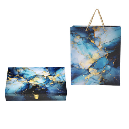 Blue Marble Gold Foil Print Paper Bag with Matching 6 Compartment Box Combo – Festive Gift Packaging Set