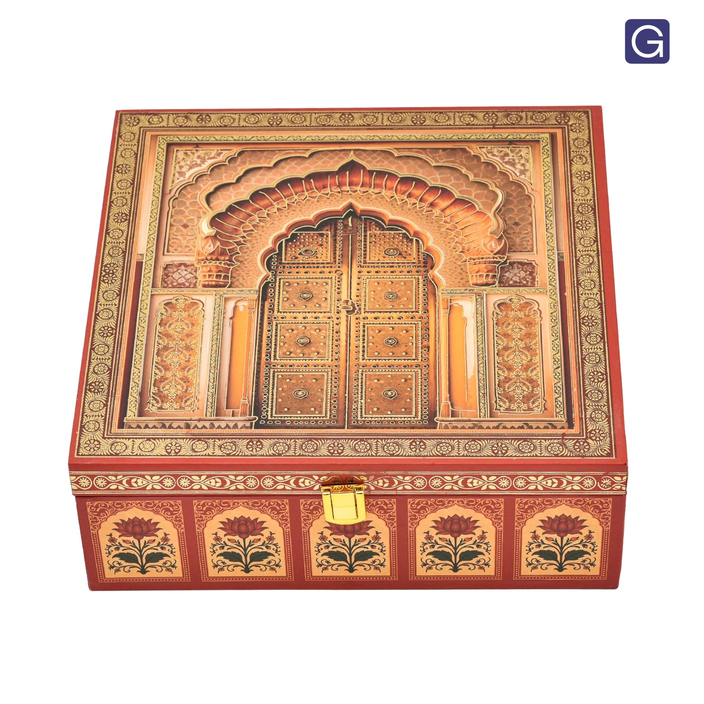 4 glass jars inside open royal door wooden box