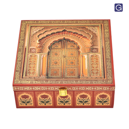 4 glass jars inside open royal door wooden box