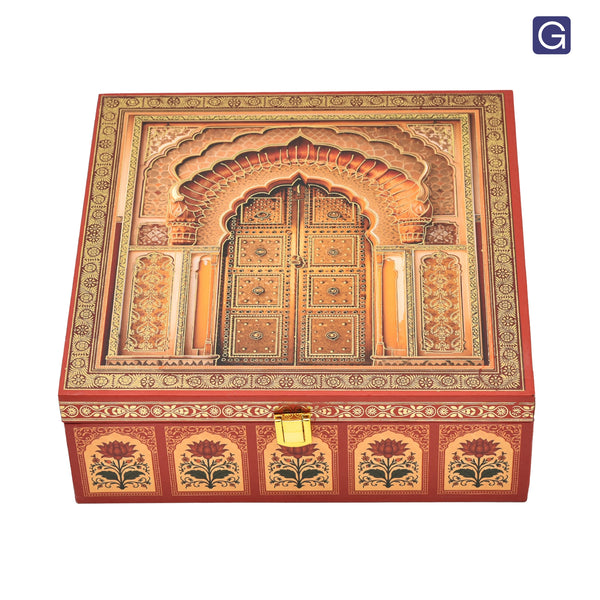 Royal Door Print Wooden Gift Hamper Box with 6 Jars | Dry Fruit Packaging Box
