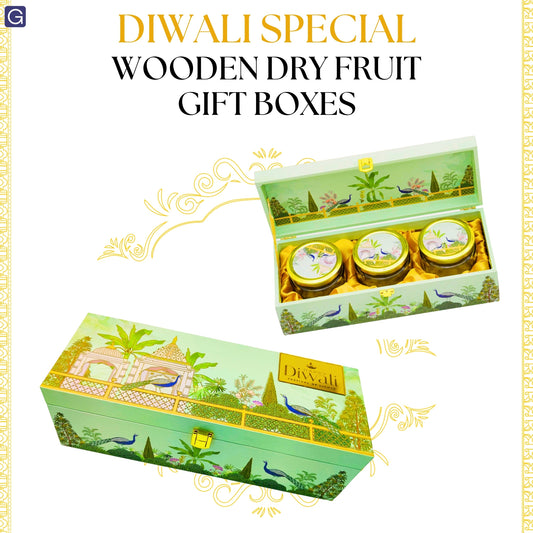 Luxury Peacock Green Garden Wooden Gift Box – 3 Jar Dry Fruit & Sweet Hamper | Diwali & Wedding Gifting | Grownex Packaging | wooden box