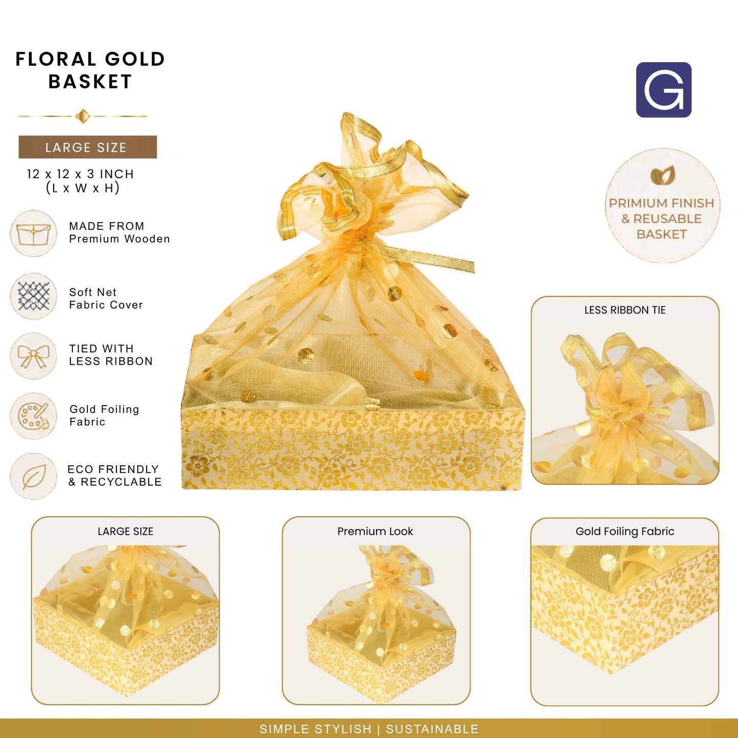 Floral Gold Hamper Basket | Stylish Basket for Festive & Corporate Gifting