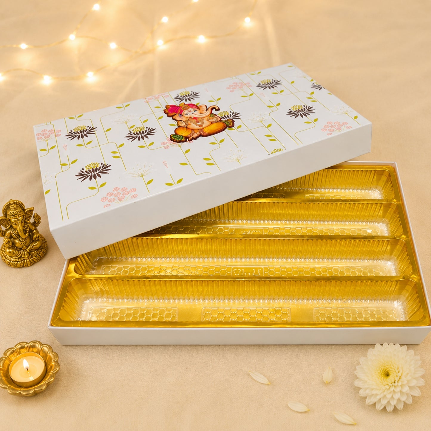 White Floral Ganesha Gift Box | Premium Festive Modak & Sweet Packaging Box