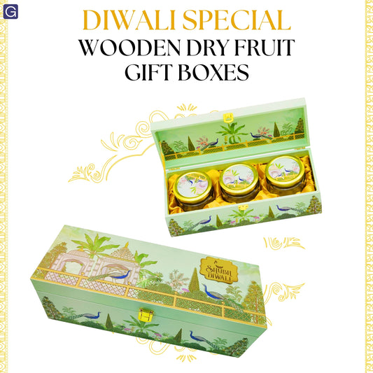 Luxury Shubh Diwali Peacock Wooden Gift Box – 3 Jar Dry Fruit & Sweet Hamper | Festive Gifting | Grownex Packaging | wooden box