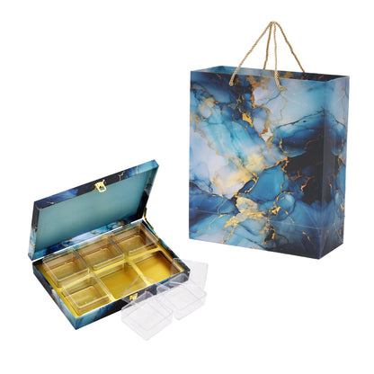 Blue Marble Gold Foil Print Paper Bag with Matching 6 Compartment Box Combo – Festive Gift Packaging Set