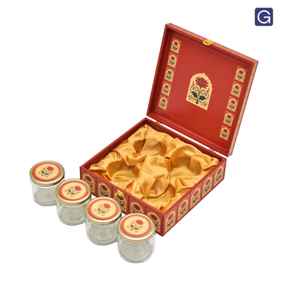 Royal door print wooden gift box with 4 glass jars