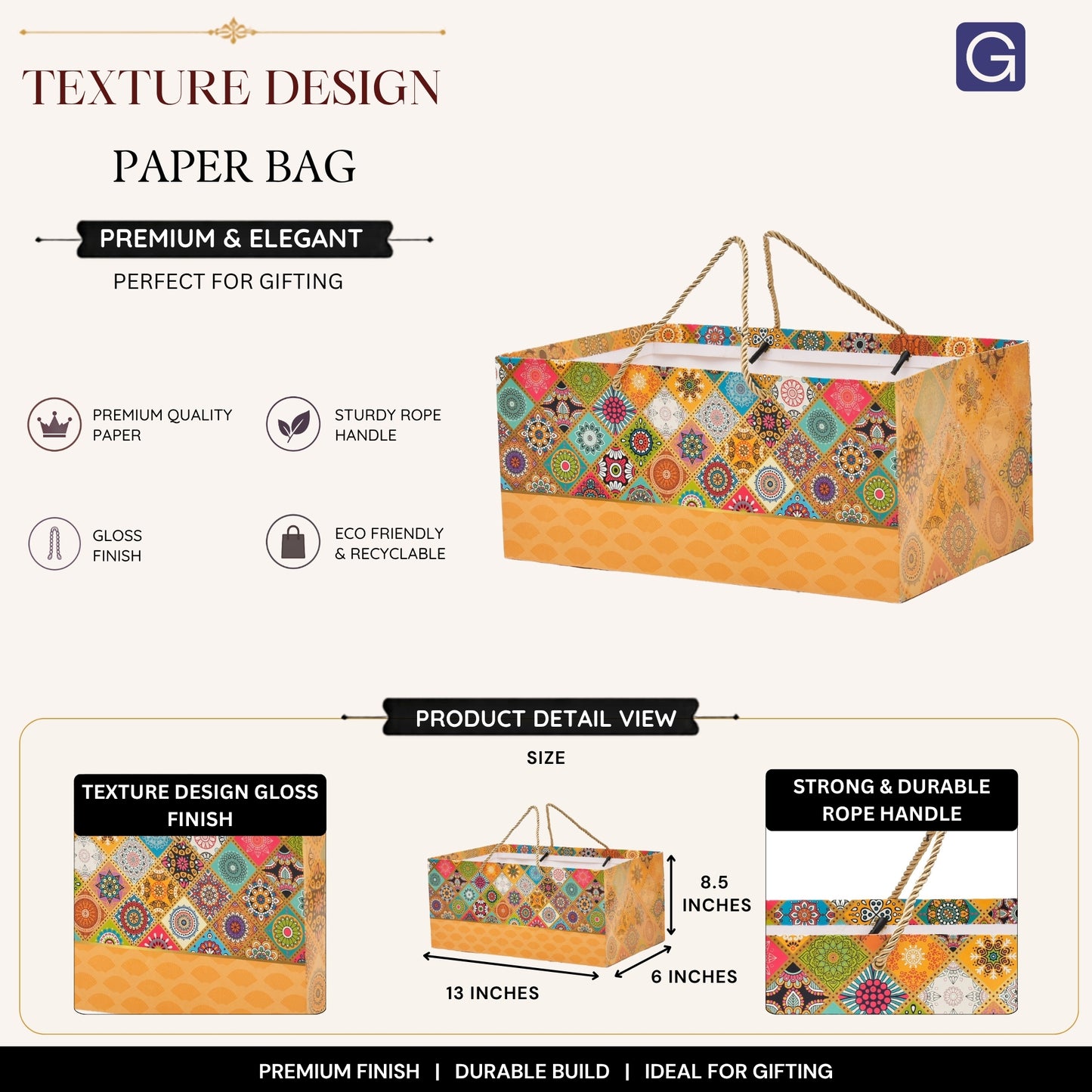 Texture Design Paper Gift Bag 13x8.5x6 Inch | Premium Gift Shop & Festive Event Packaging