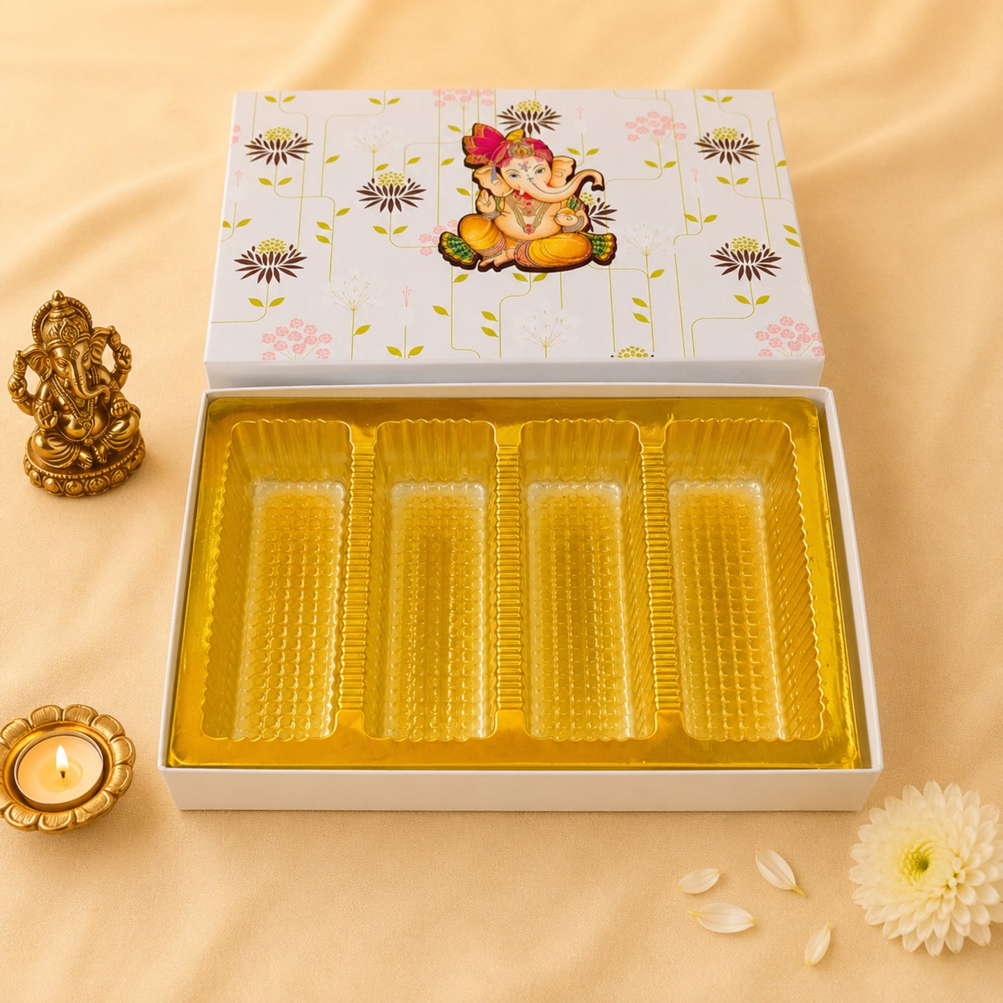 White Floral Ganesha Gift Box | Premium Festive Modak & Sweet Packaging Box