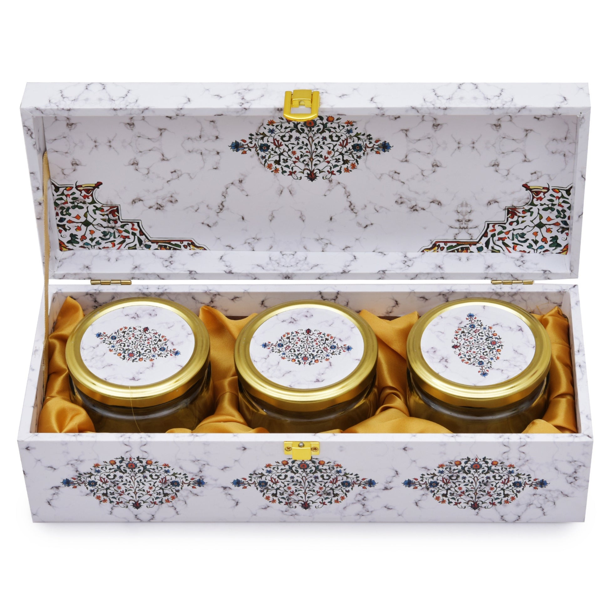 Luxury 3 Jar White Marble Wooden Gift Box | Festive Dry Fruit & Sweet Packaging | Grownex Packaging | wooden box