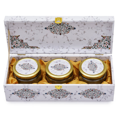 Luxury 3 Jar White Marble Wooden Gift Box | Festive Dry Fruit & Sweet Packaging | Grownex Packaging | wooden box