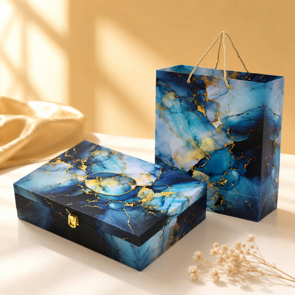 Blue Marble Gold Foil Print Paper Bag with Matching 6 Compartment Box Combo – Festive Gift Packaging Set