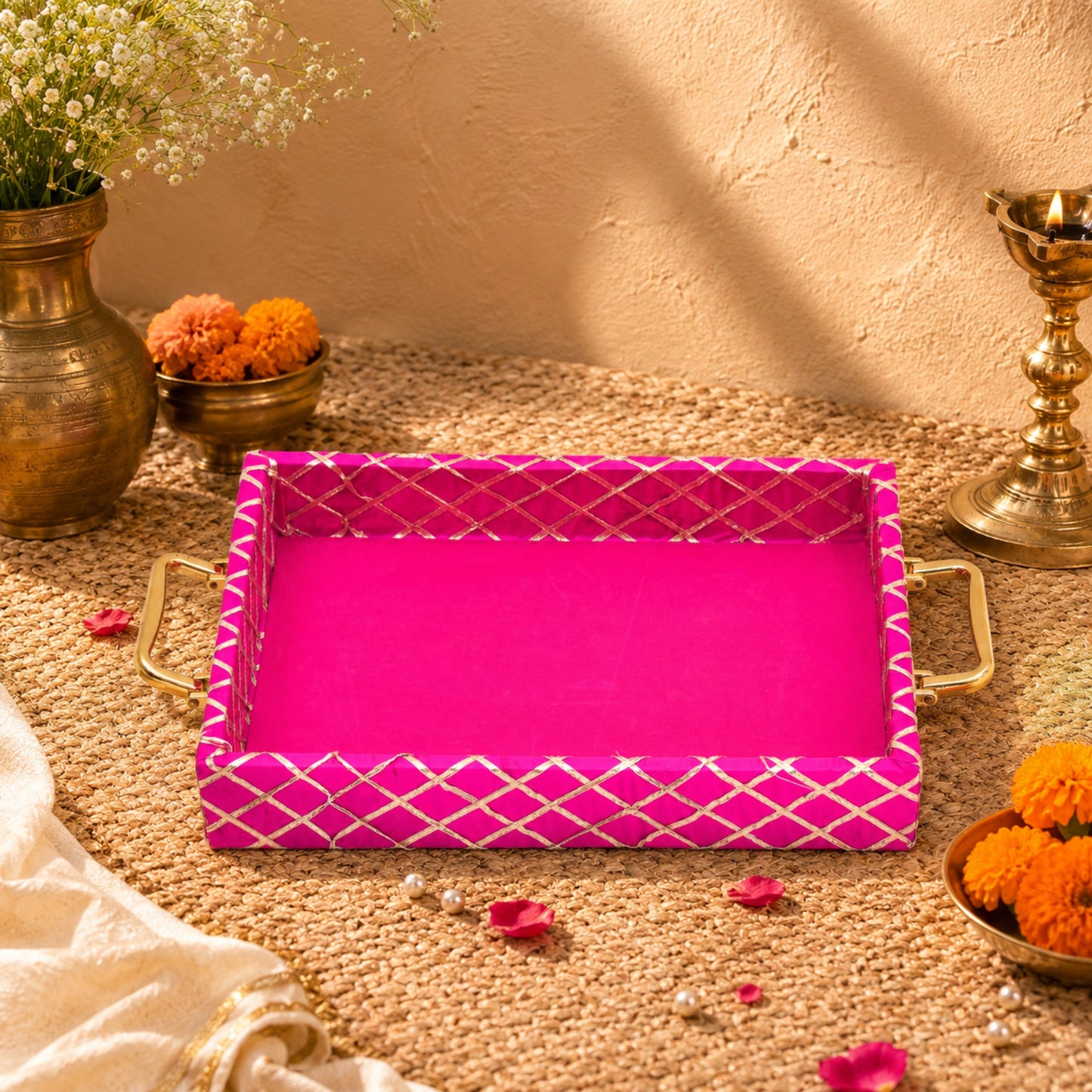 Traditional Rani Pink Wooden Square Lace Hamper Tray