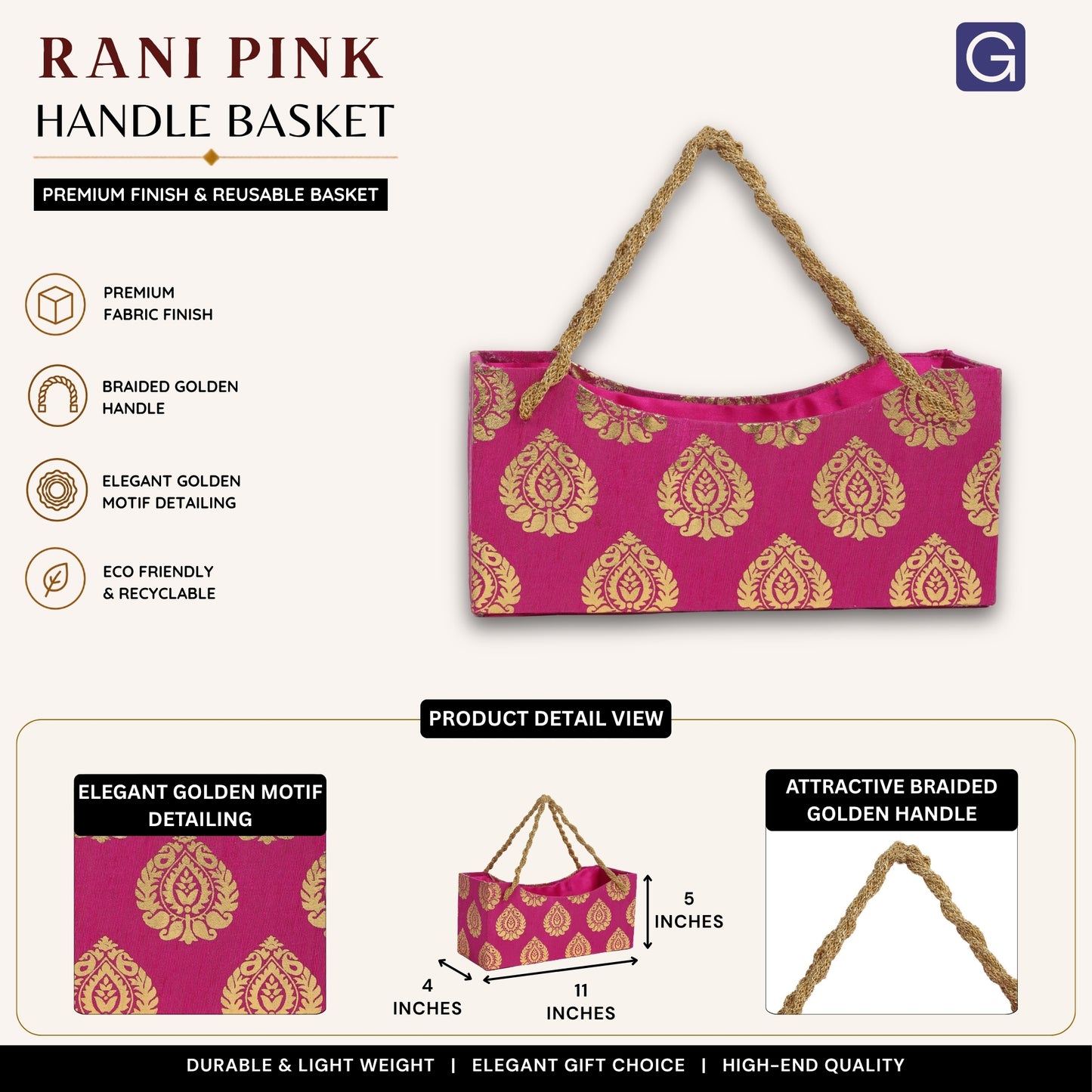 Handmade Rani Pink Designer Basket - Size & Dimensions | Grownex Packaging