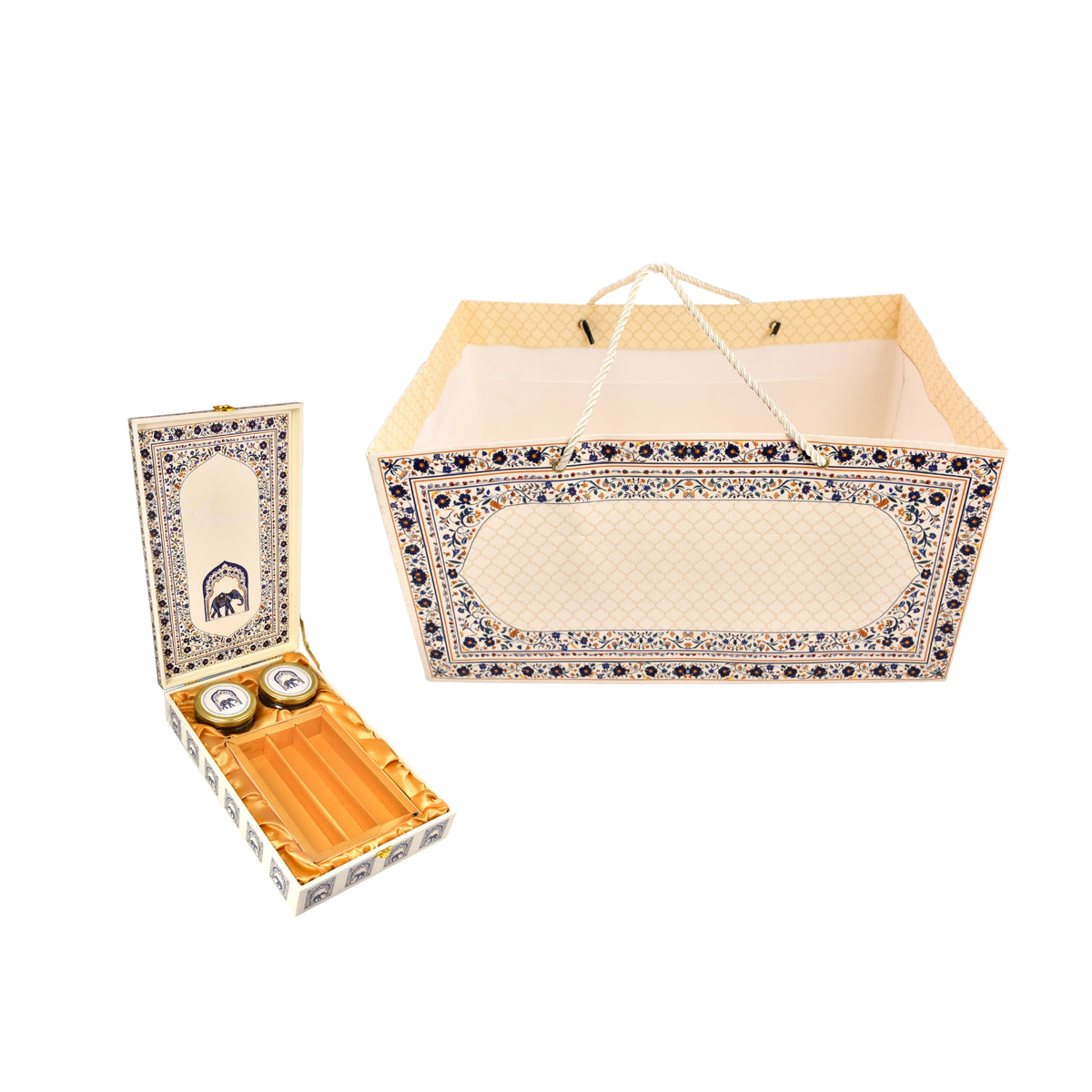 Ivory Elephant Jharokha Print Paper Bag with Matching Wooden Box Combo – Festive Gift Packaging Set