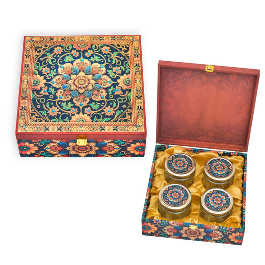 4 Jar Red Floral Foil Wooden Box | Grownex Packaging | wooden box