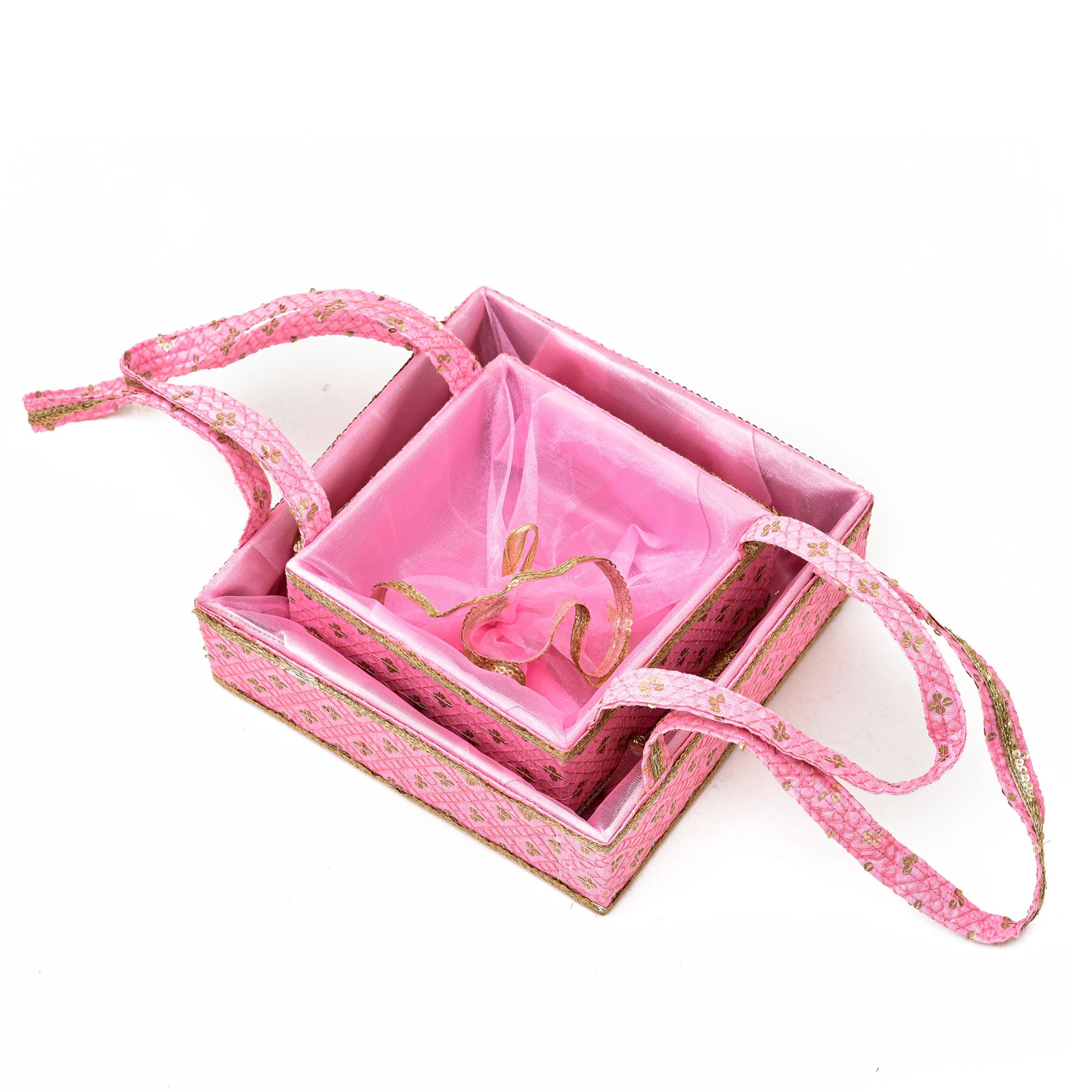 Pink and Gold Net Diwali Basket Set – Festive Gift Packaging for Chocolates & Dry Fruits | Grownex Packaging | Basket & Tray