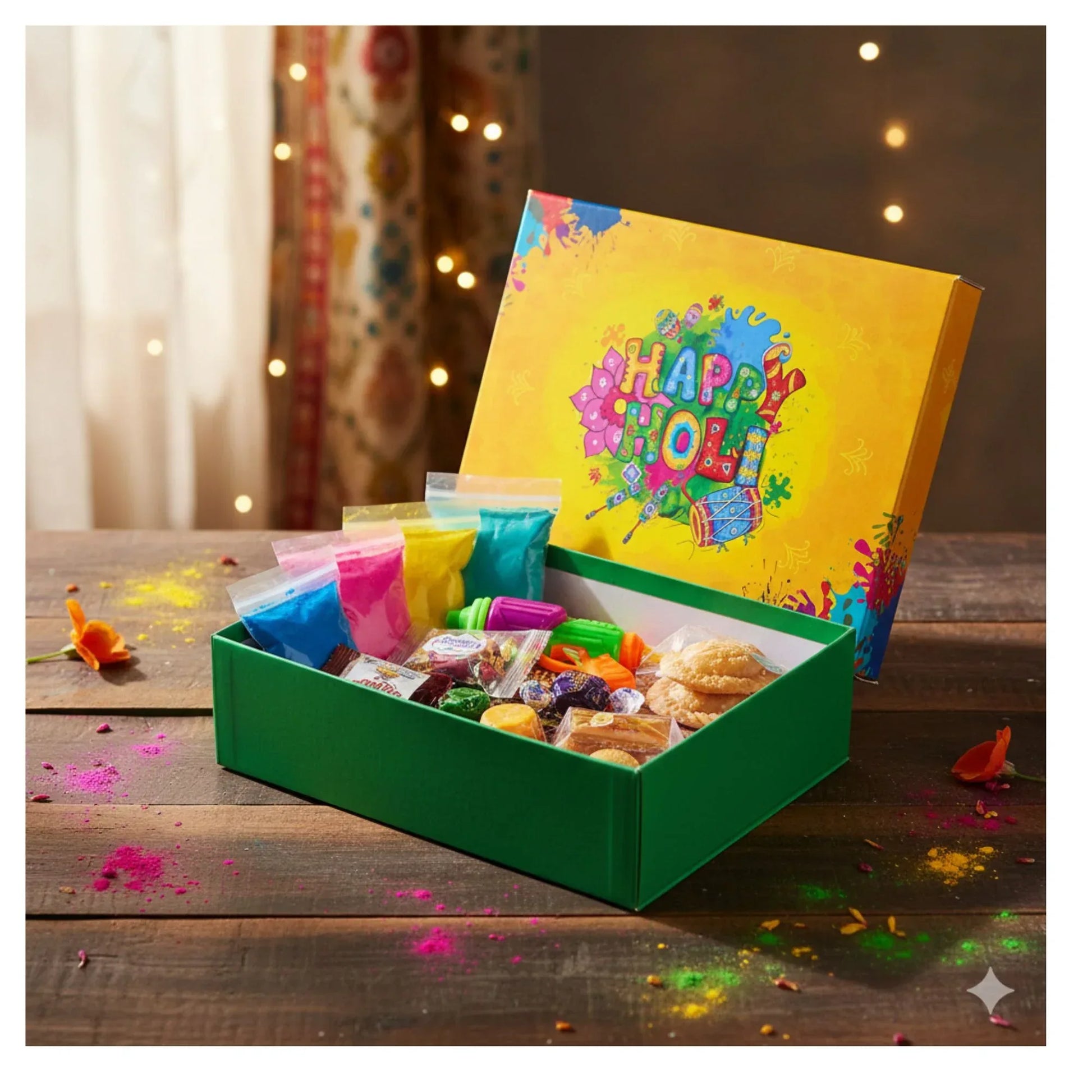 Holi Print Hamper Box 23.6 × 17.8 × 7.62 cm – Yellow | Food Safe Kappa Board Gift Box for Festive Gifting | Grownex Packaging | Hamper Box