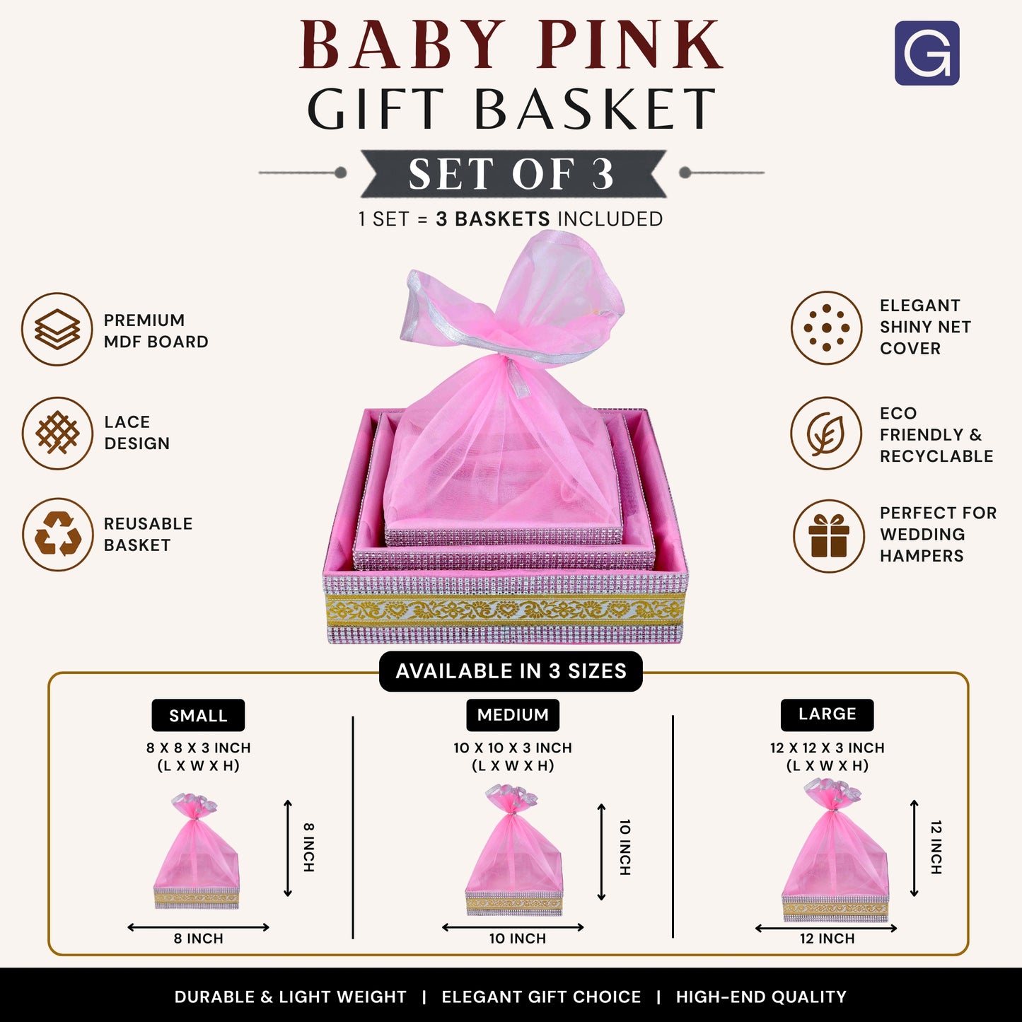 Baby Pink Gift Hamper Basket Set of 3 | Decorative MDF Basket for Festive Gifting