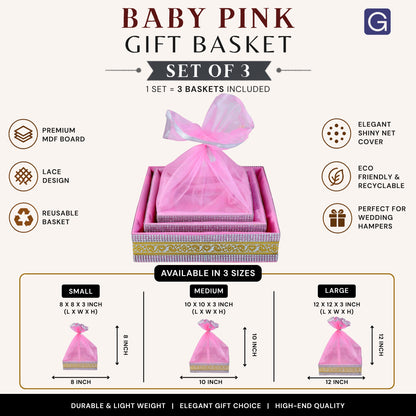 Baby Pink Gift Hamper Basket Set of 3 | Decorative MDF Basket for Festive Gifting