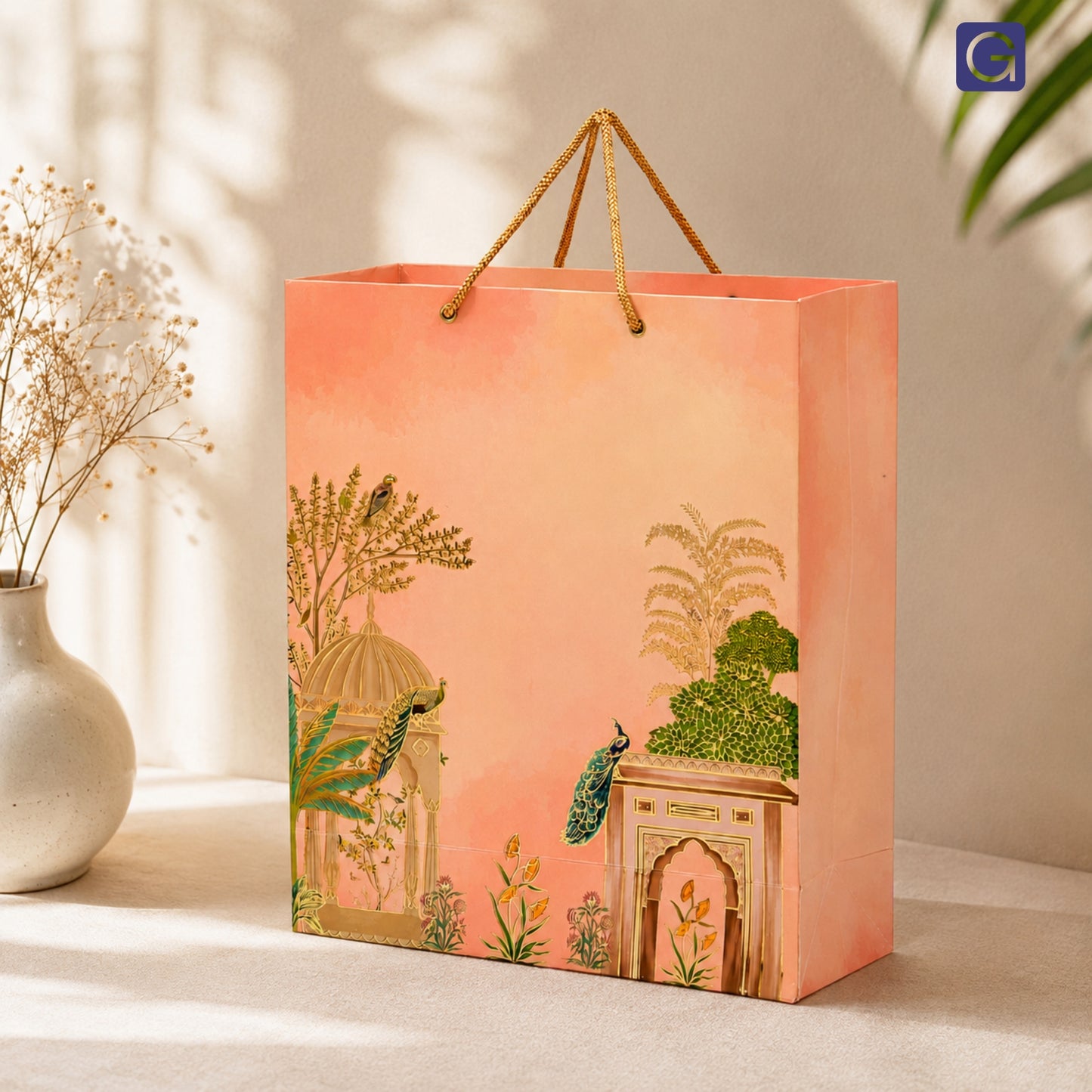 Pink Peacock Foil Matte Paper Gift Bag 11.5x4.5x13.5 Inch | Wedding & Retail Packaging