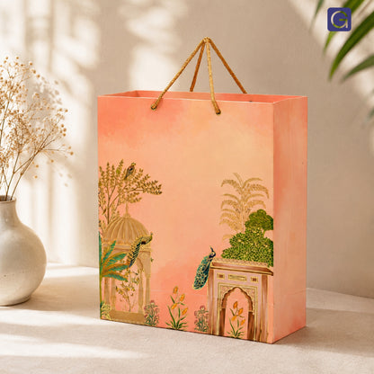Pink Peacock Foil Matte Paper Gift Bag 11.5x4.5x13.5 Inch | Wedding & Retail Packaging
