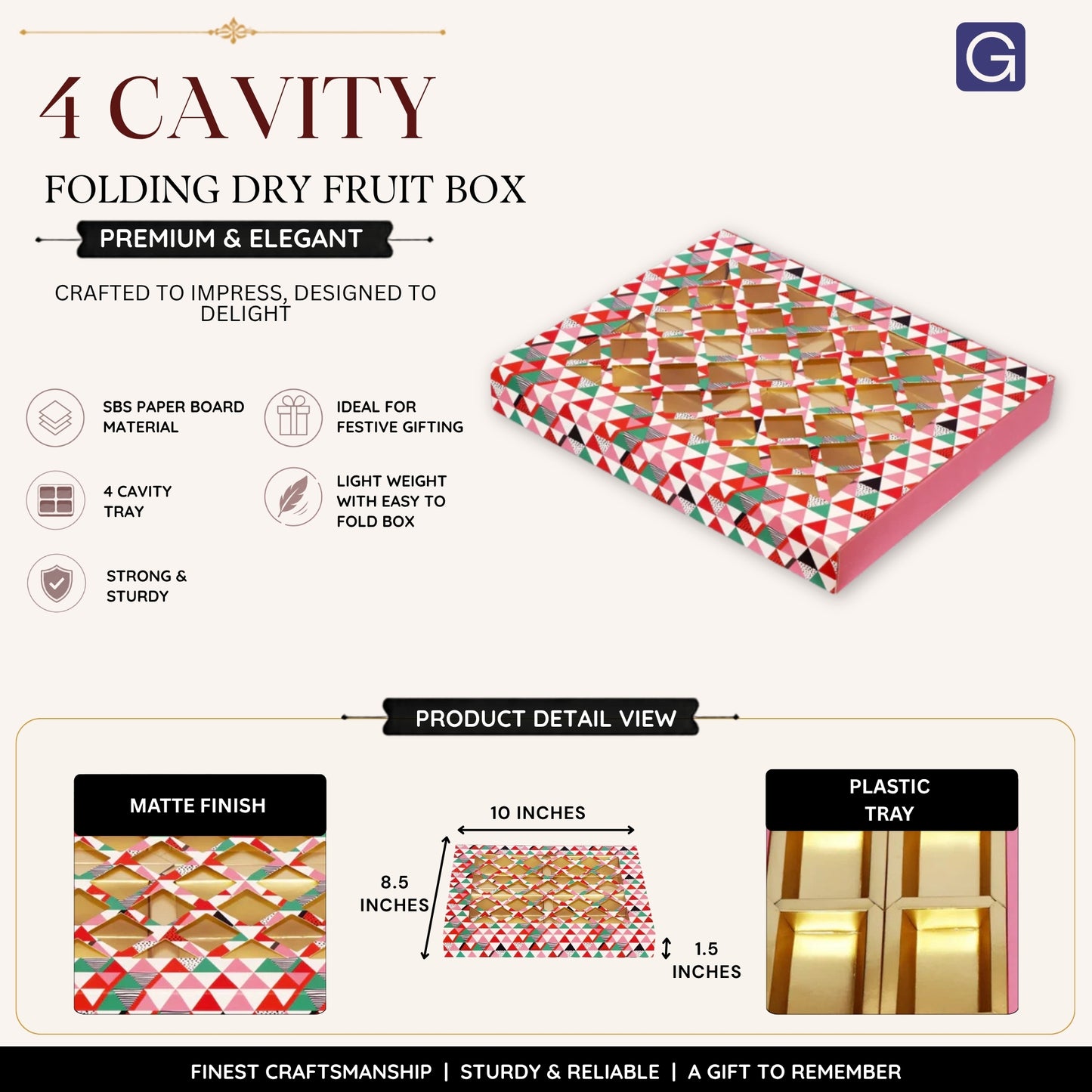 Pink Net Pattern Square Dry Fruit Folding Box | 4 Compartment Premium Gift & Storage Box