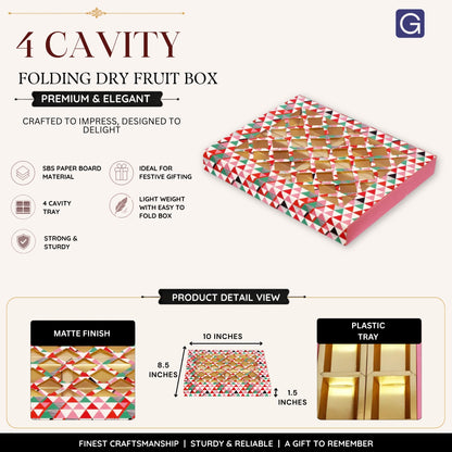 Pink Net Pattern Square Dry Fruit Folding Box | 4 Compartment Premium Gift & Storage Box