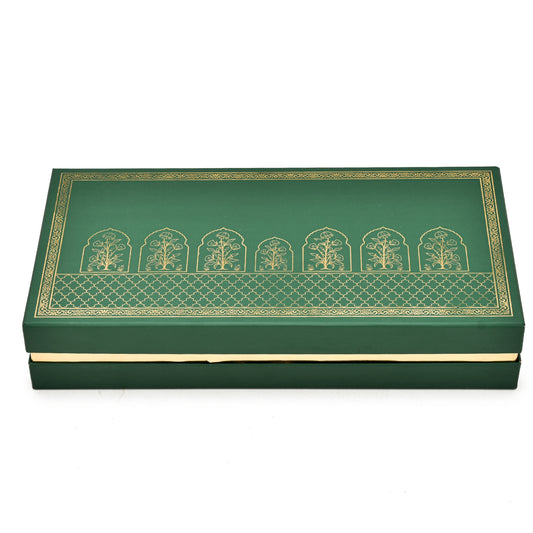 Royal Green & Gold Kappa Board Gift Box with 4 Glass Jars & Chocolate Tray – Luxury Festive Hamper | Grownex Packaging | Hamper Box