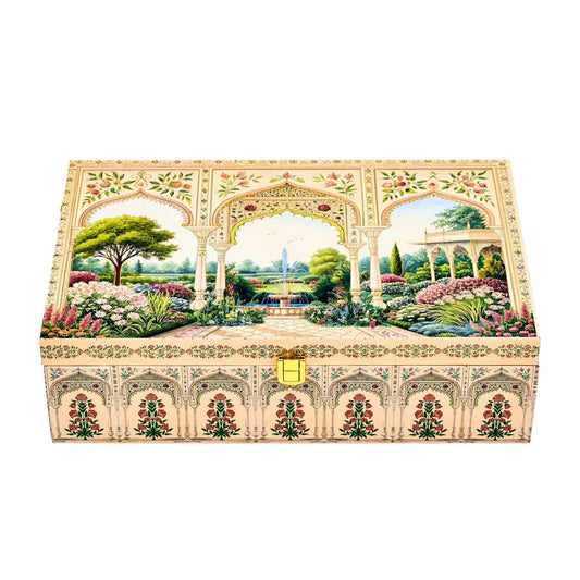 Royal Mughal Garden Luxury Gift Box - Premium Wooden Festive Hamper with Jars & Chocolate Cavity | Grownex Packaging | Hamper Box