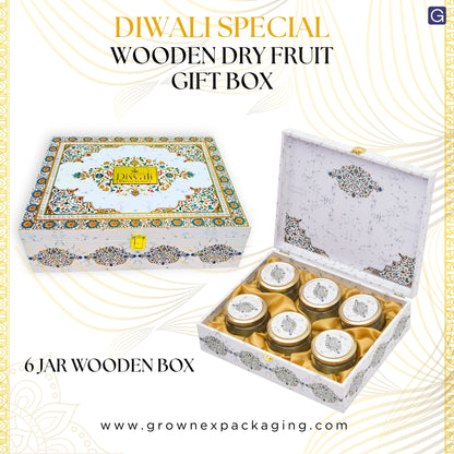 Luxury 6 Jar White Marble Wooden Gift Box | Premium Diwali Dry Fruit Packaging | Grownex Packaging | wooden box