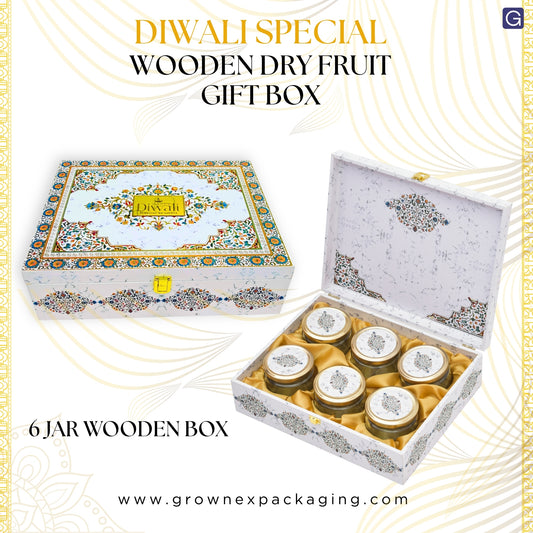 Luxury 6 Jar White Marble Wooden Gift Box | Premium Diwali Dry Fruit Packaging | Grownex Packaging | wooden box