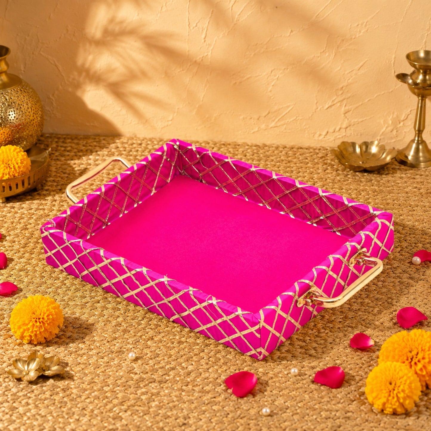 Traditional Rani Pink Wooden Square Lace Hamper Tray
