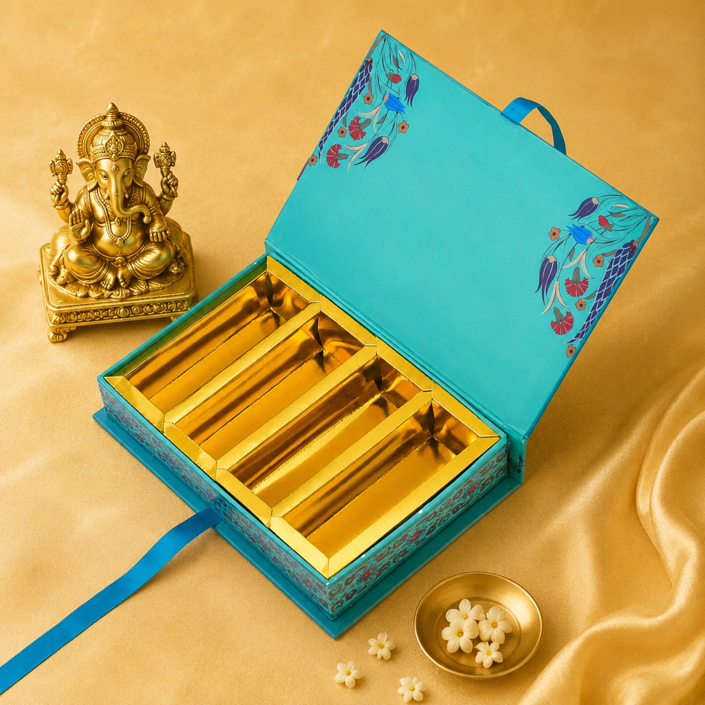 Ganesha Floral Heritage Gift Box | Ribbon-Pull Premium Modak & Sweet Packaging