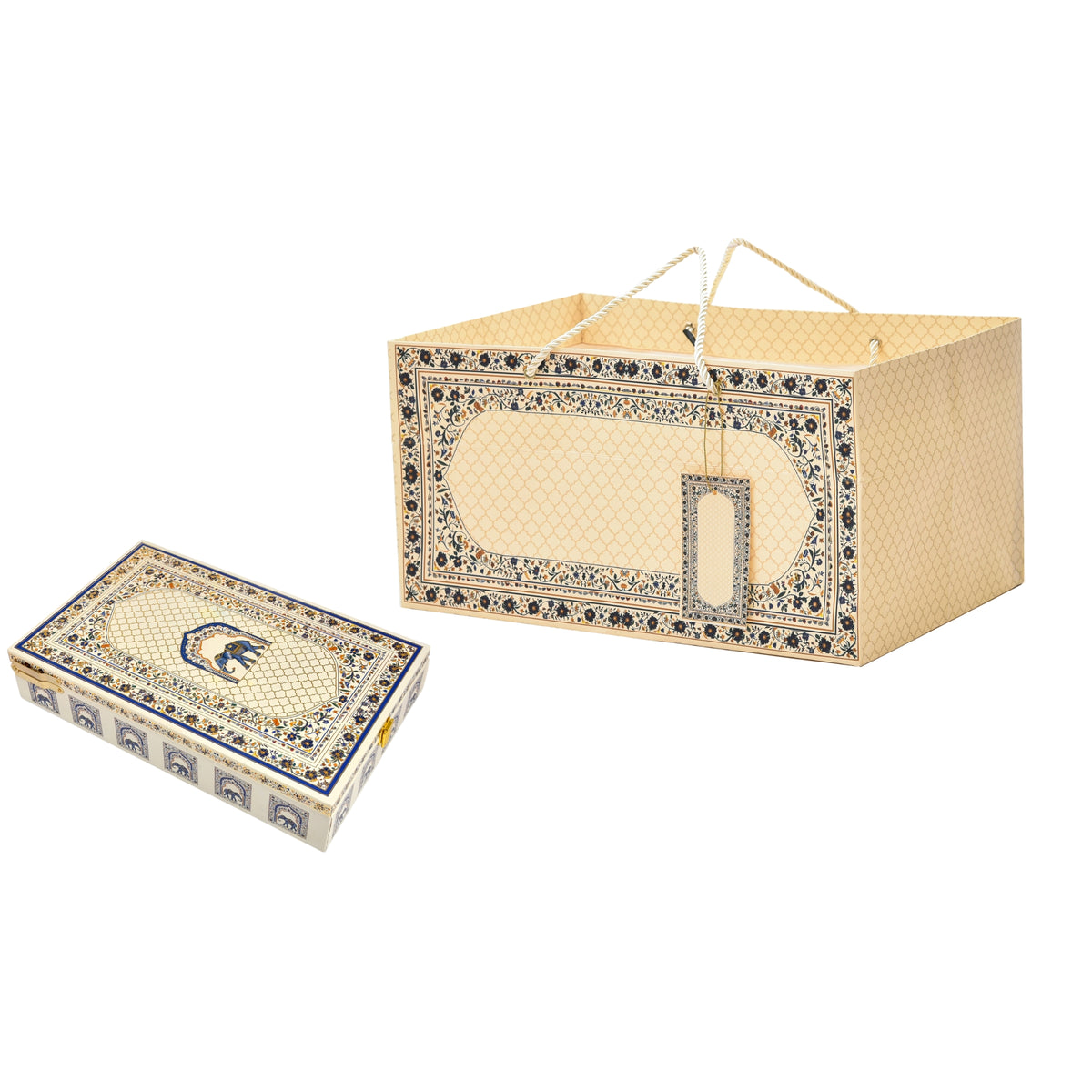 Ivory Elephant Jharokha Print Paper Bag with Matching Wooden Box Combo – Festive Gift Packaging Set